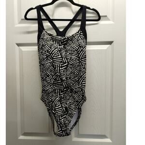 Speedo Women's Size 12 Black White Abstract Racer Back One Piece Swimsuit